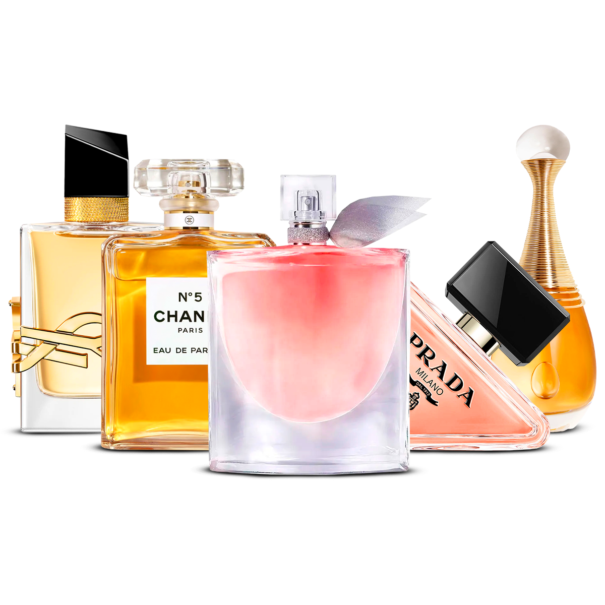 Set 5 Profumi – Yves Saint Laurent Libre, Chanel Nº5, La Vie Est Belle, Prada Paradoxe i J'adore  [100 ml ciascuno]